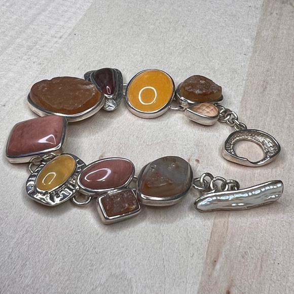 Sterling Silver shades of brown multi opaque 7 1/4 inch bracelet - Picture 4 of 5